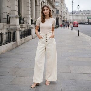 ZARA Women Cream Wide Leg Button Fly Denim Jeans 26x32 Minimalist Neutral Chic